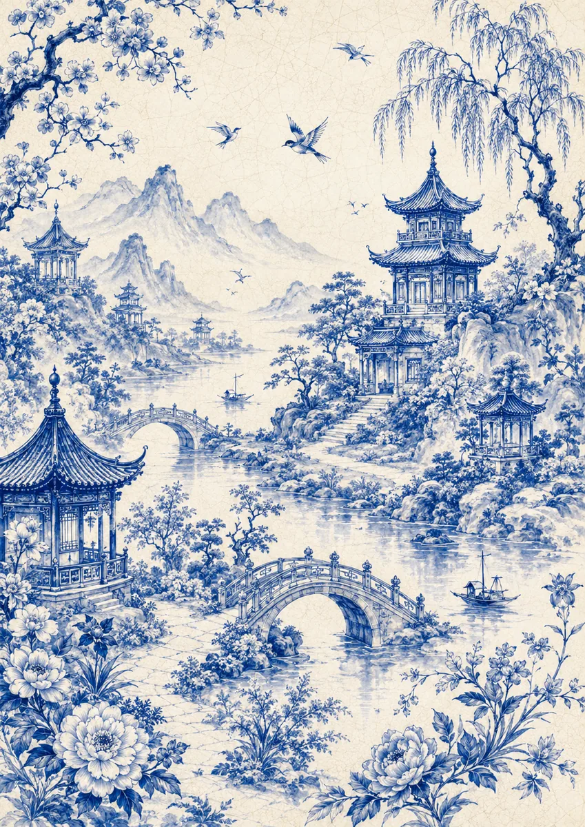 Blue chinoiserie mountain landscape with pagodas, arched bridges, boats, flowering trees, willows, and flying birds